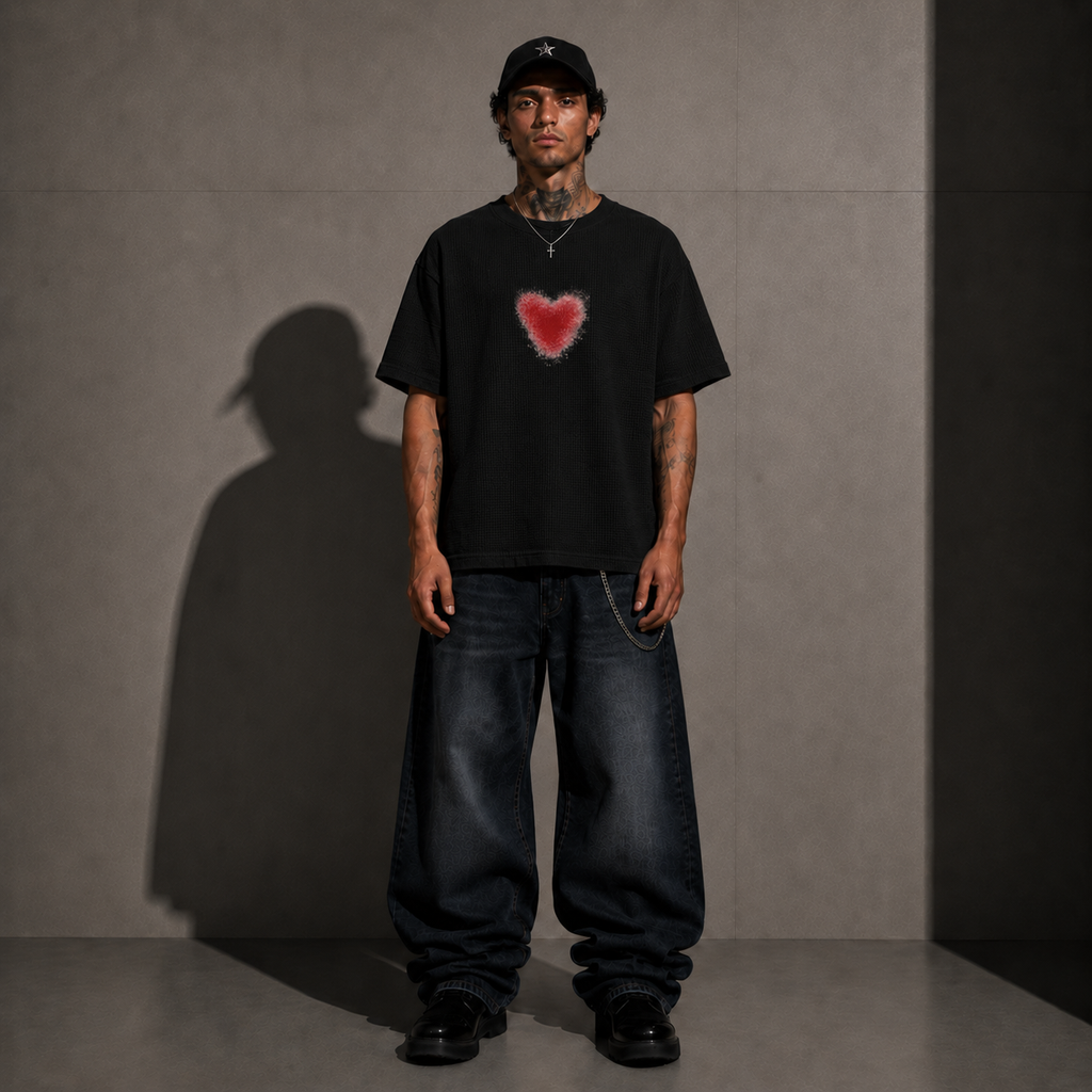 Lowkey Iconic Boxy Fit Waffle by 9000M – black waffle worn styling view