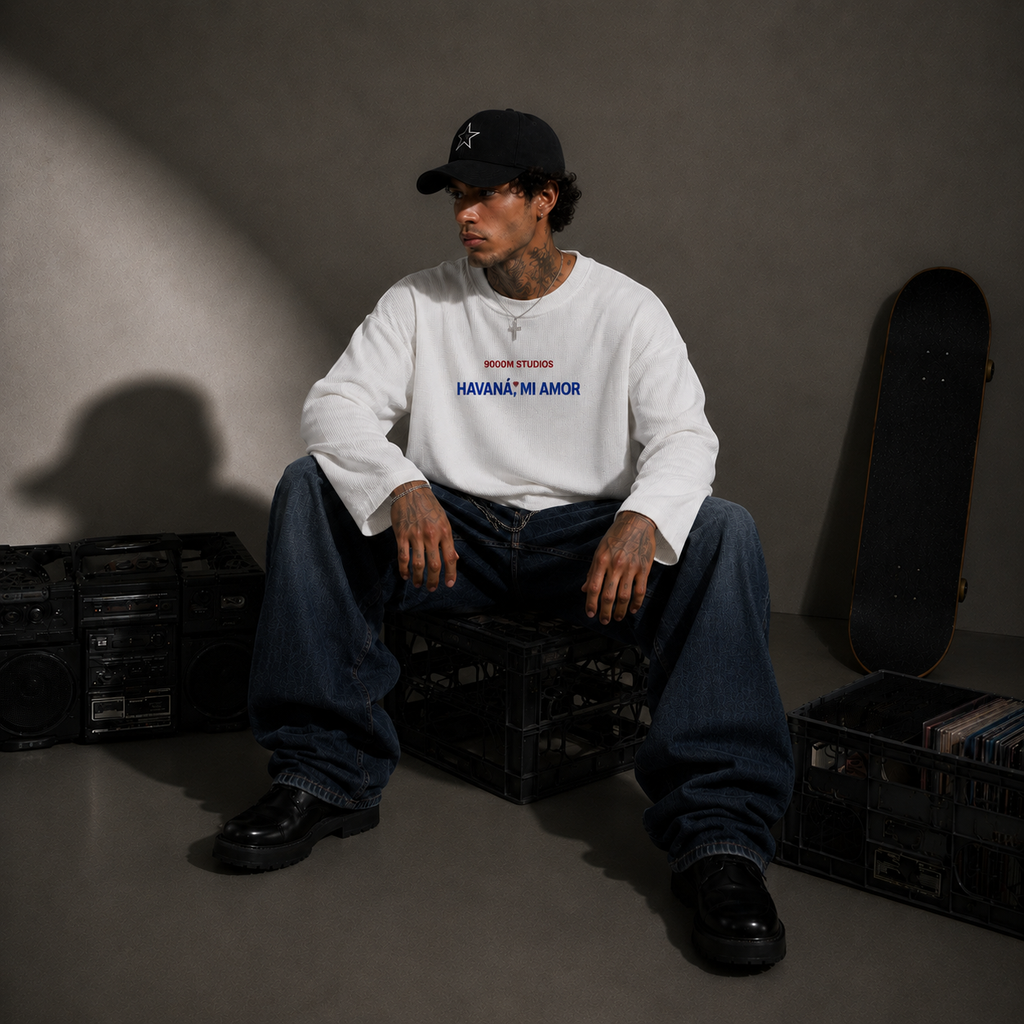 Havana Archives Waffle Knit by 9000M – off-white longsleeve worn styling view