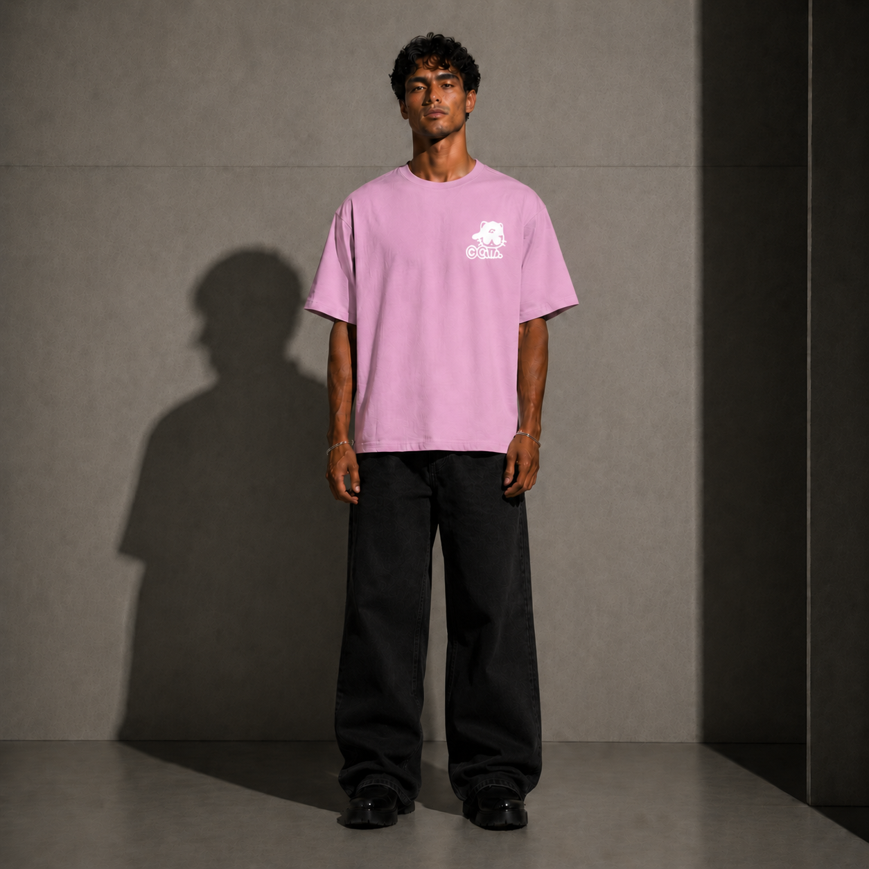 WORLDCLUB 9000 pink oversized tee by 9000M – worn styling view