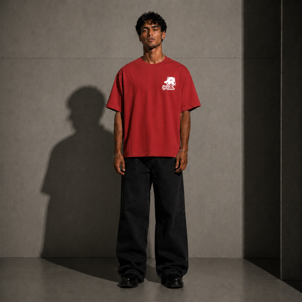 WORLDCLUB 9000 red oversized tee by 9000M – worn styling view